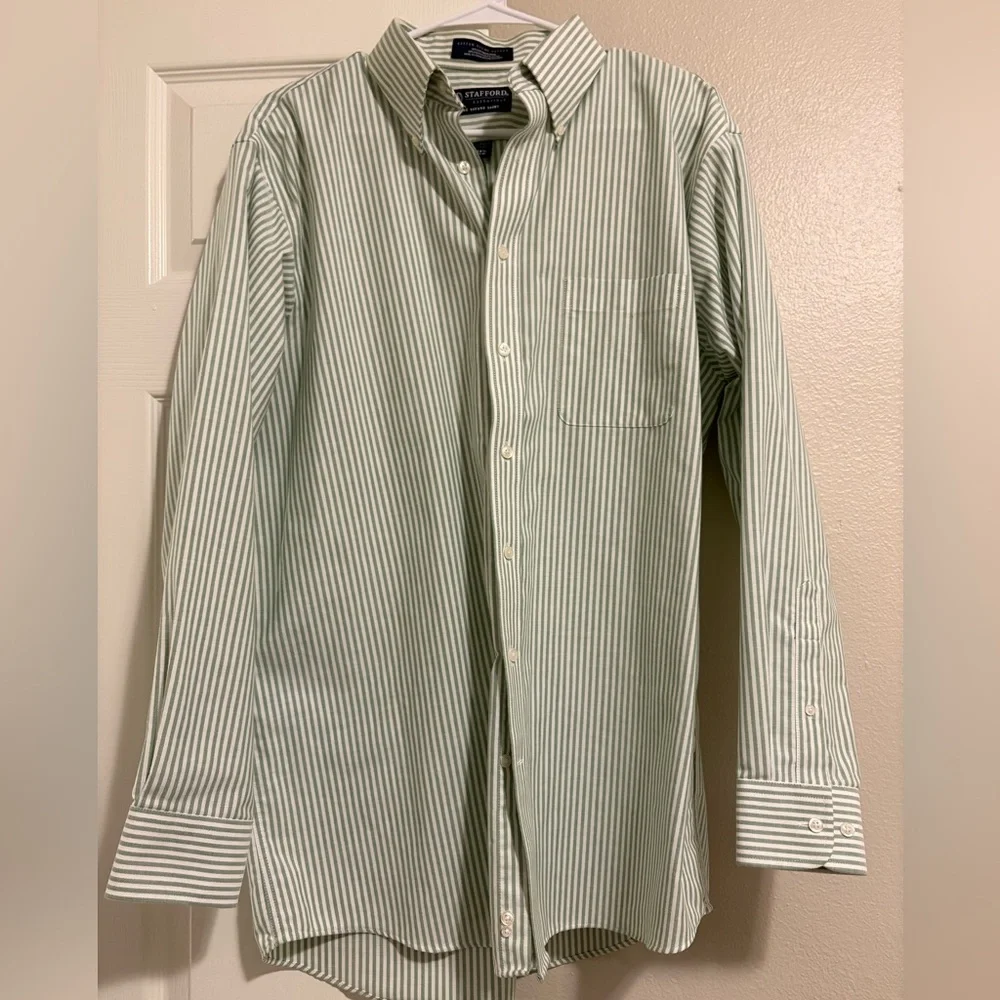 Stanford Essentials Green & White Striped Men's Button Down Oxford Shirt, 34-35 - Picture 1 of 4